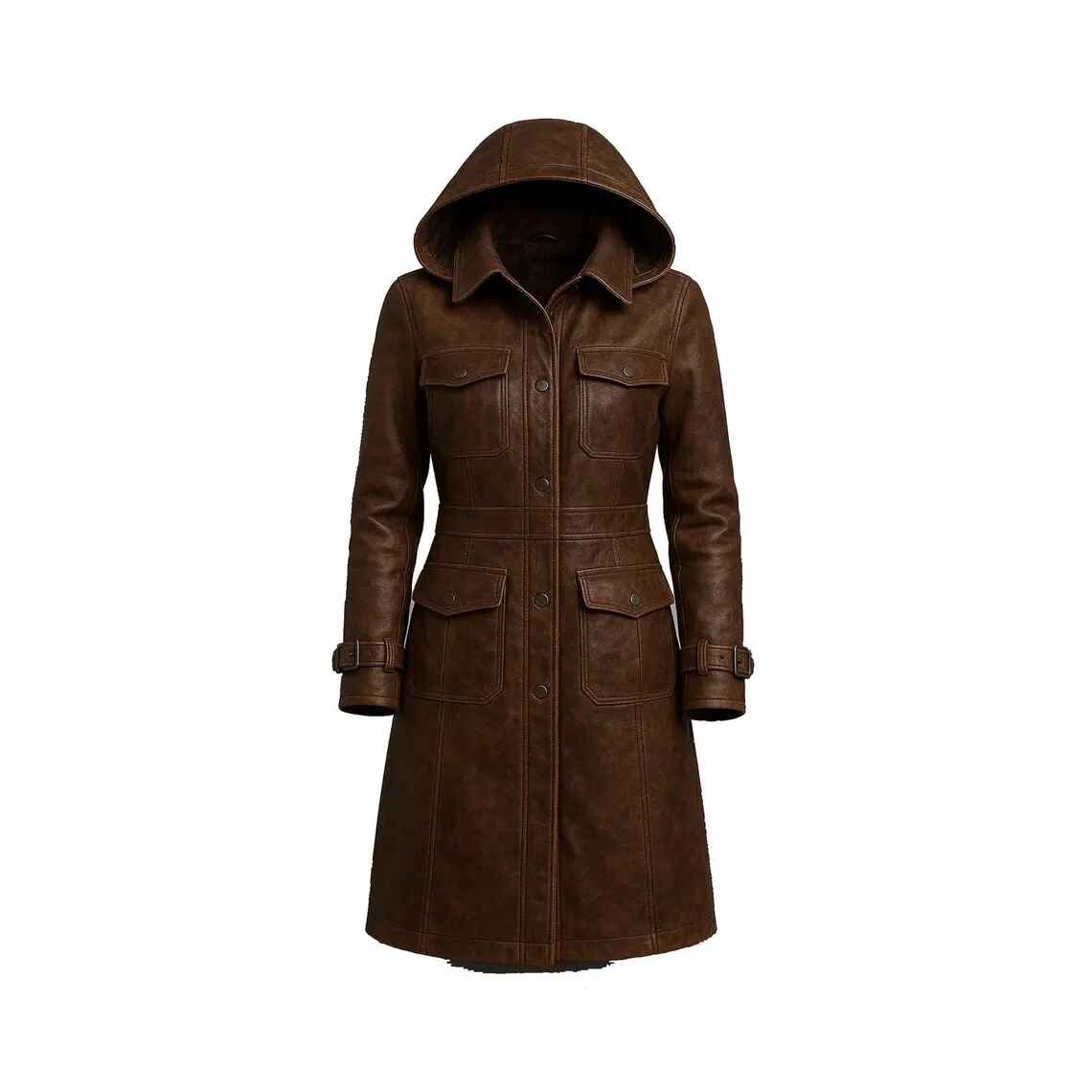 Women's Distressed Dark Brown Hooded Four-Pocket Utility Coat